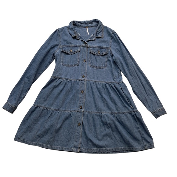 Free People Dresses & Skirts - Free People Nicole Denim Shirt Dress Women's Large Blue Tiered Button Up Western